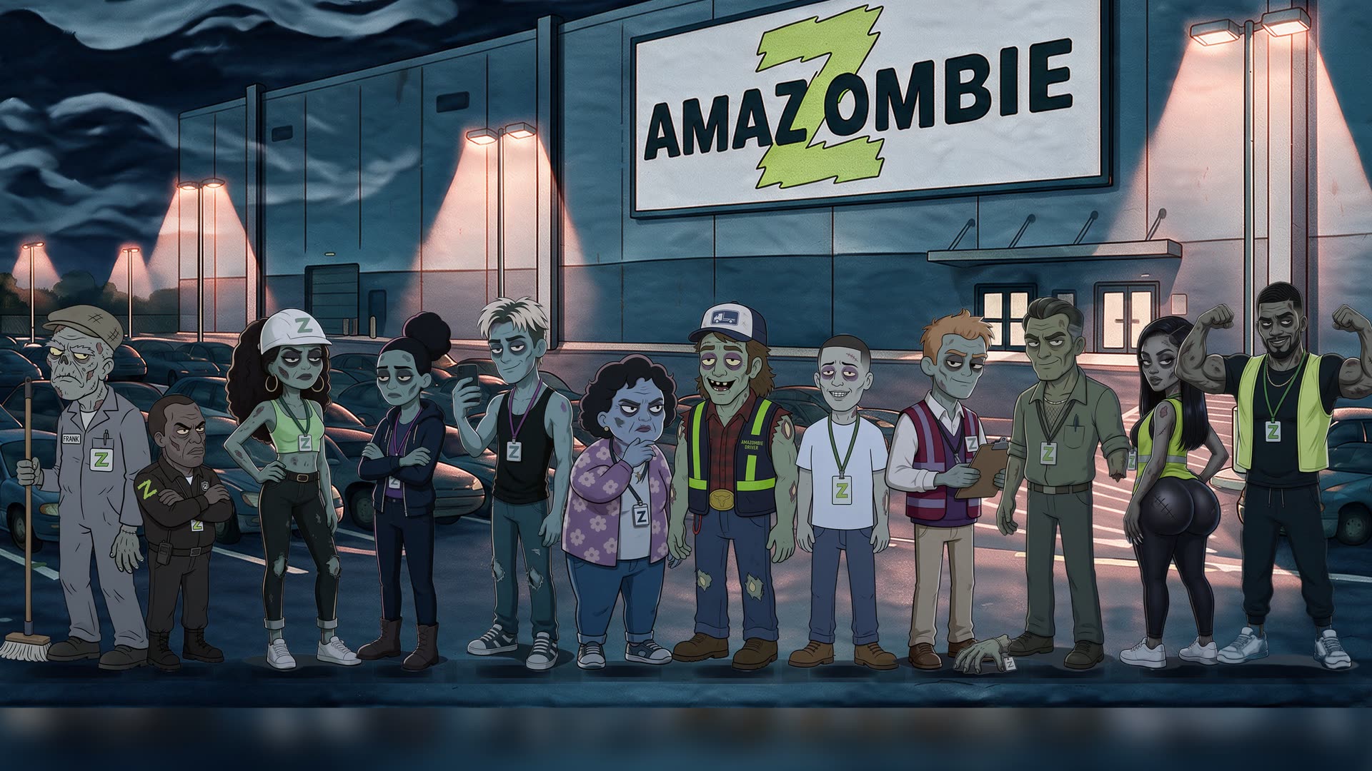 The Amazombie night shift crew lined up outside the ZMB1 warehouse